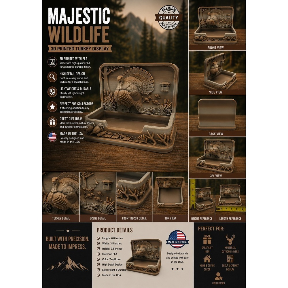 3D Printed Wild Turkey Hunting Diorama Business Card Holder Desk Organizer Tan